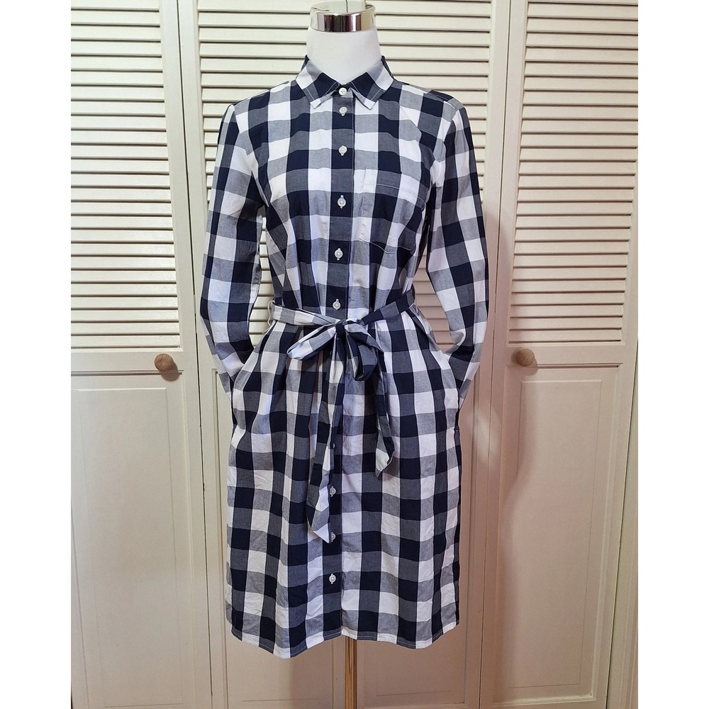 J Crew Womens Size 2 Tie Belt Poplin Longsleeve Shirt Dress Button Front Pockets